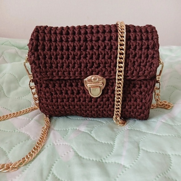 Handmade Handbags - Crochet Bag Crossbody Chocolate Brown Gold Hardware Mini Handmade in USA